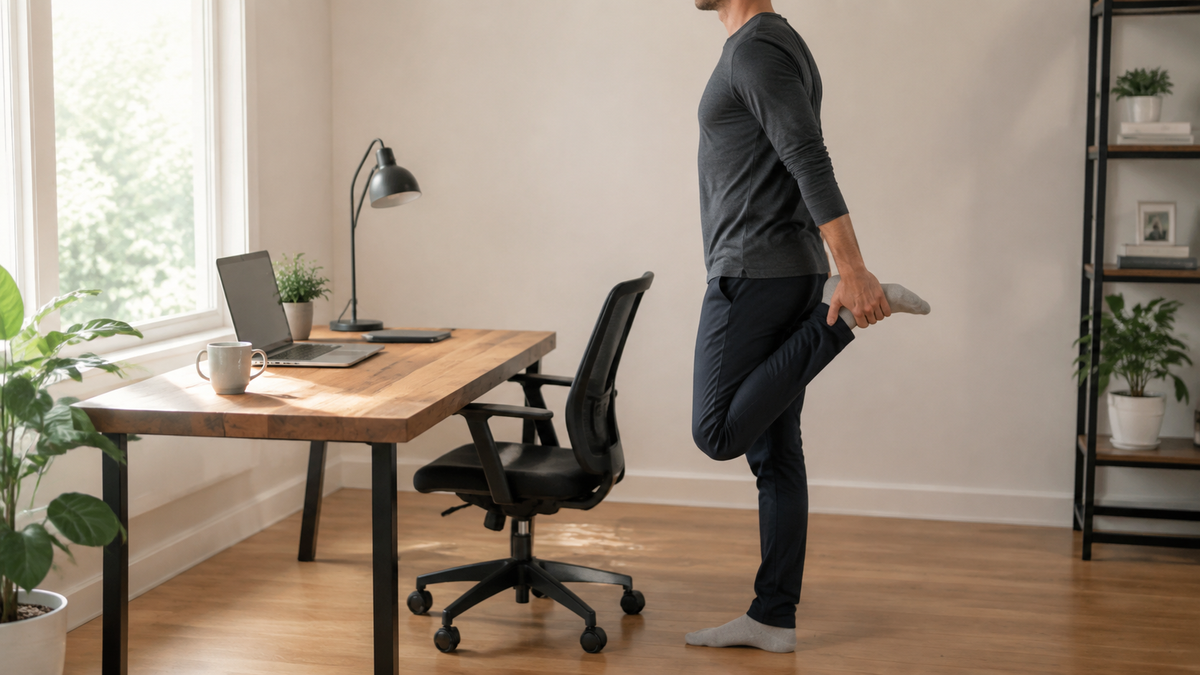 Desk worker taking a gentle standing movement break beside a home-office desk