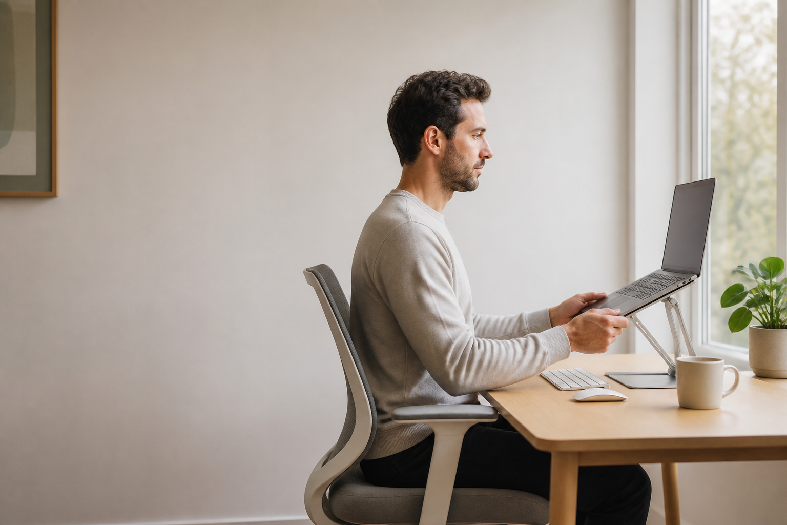 Comfortable laptop desk setup with screen-height adjustment