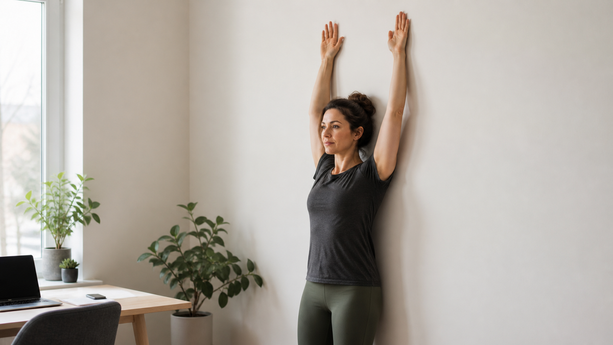 Adult doing a gentle wall movement beside a home workspace