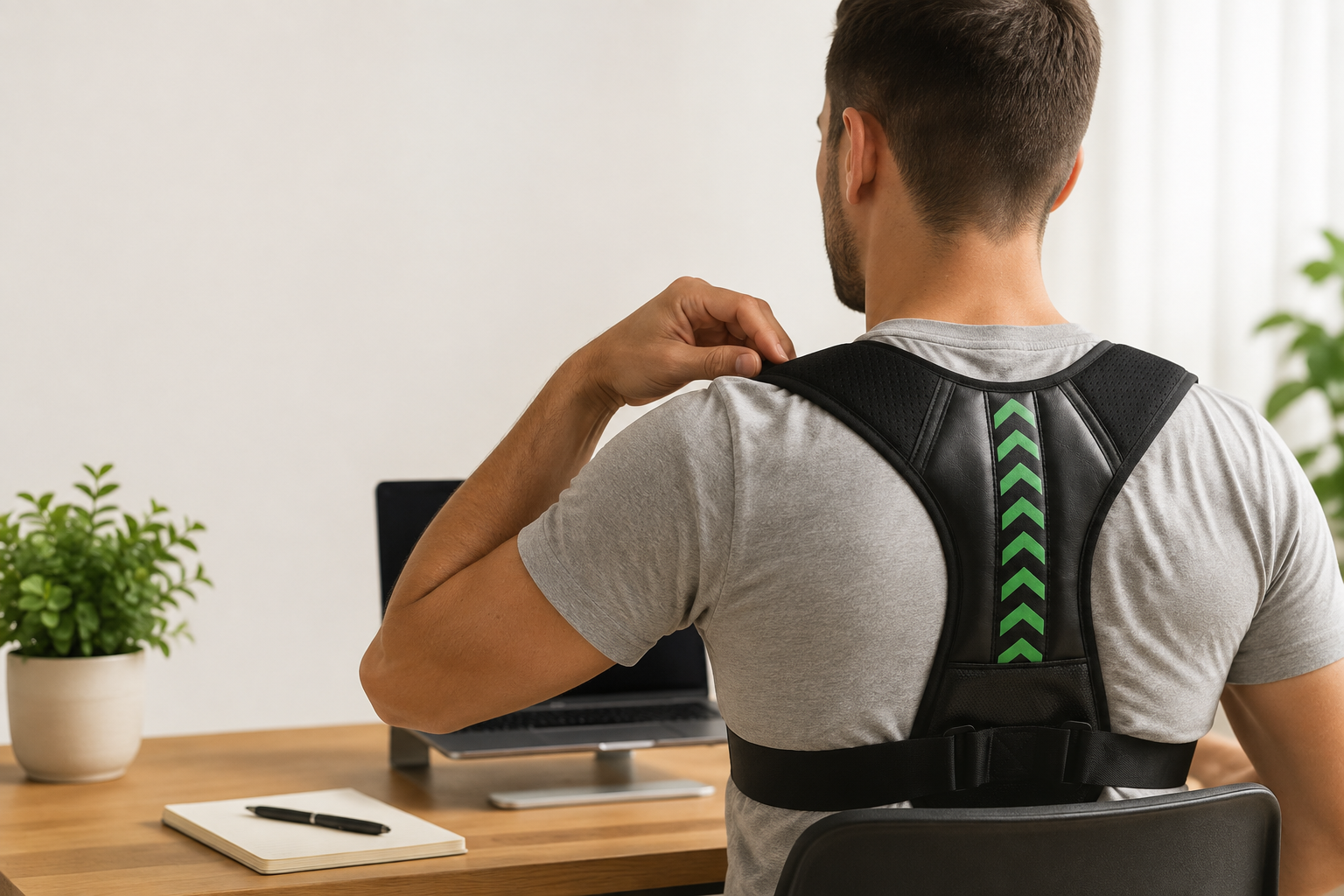 Vortalex Neo 2 posture corrector being adjusted at a home-office desk