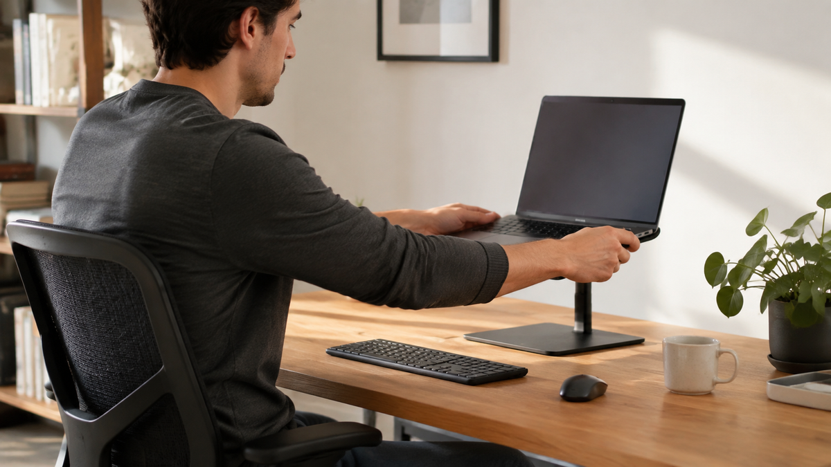 Adult adjusting a laptop on an elevated stand at a home-office desk